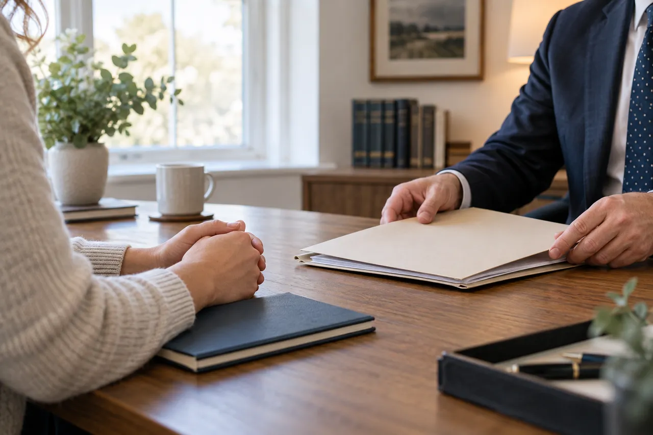 A paper case file being discussed at a consultation desk