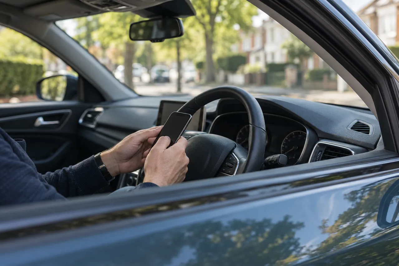 A driver recording information on a phone while safely parked
