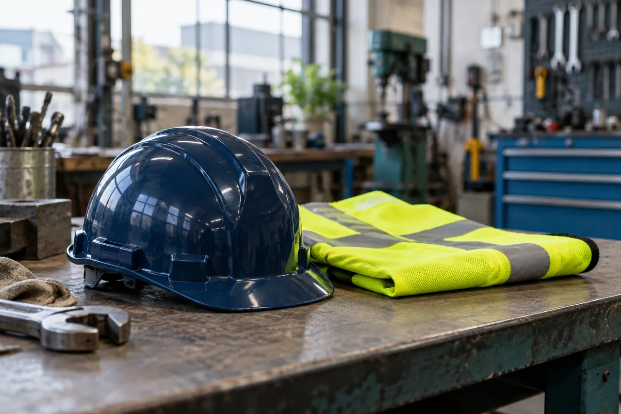 Protective hard hat and high-visibility clothing on a workshop bench